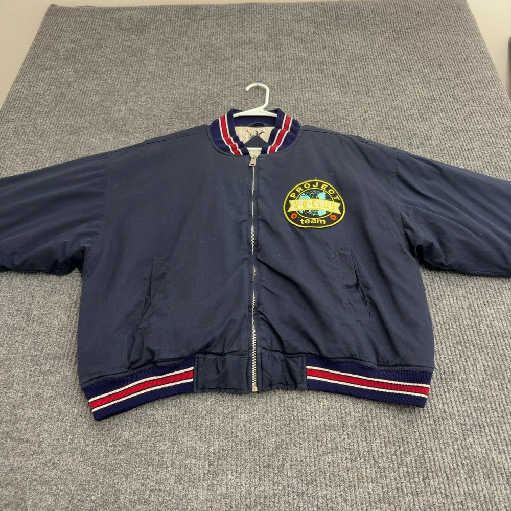 Vintage Project SB Club Bomber Jacket Mens M Navy Cotton Graphic Varsity Street